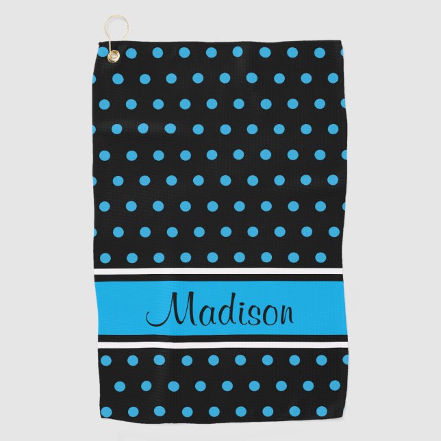 Black Sky Blue Polka Dot Stripe Script Name Golf Towel (Front)