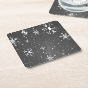 Black Sky with White and Grey Snowflakes Square Paper Coaster