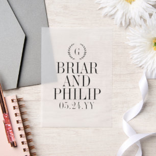 Black Slender Laurel Wreath Monogram Wedding Vellum Invitations