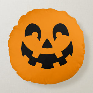 Black Smiling Halloween Pumpkin Face On Orange Round Cushion