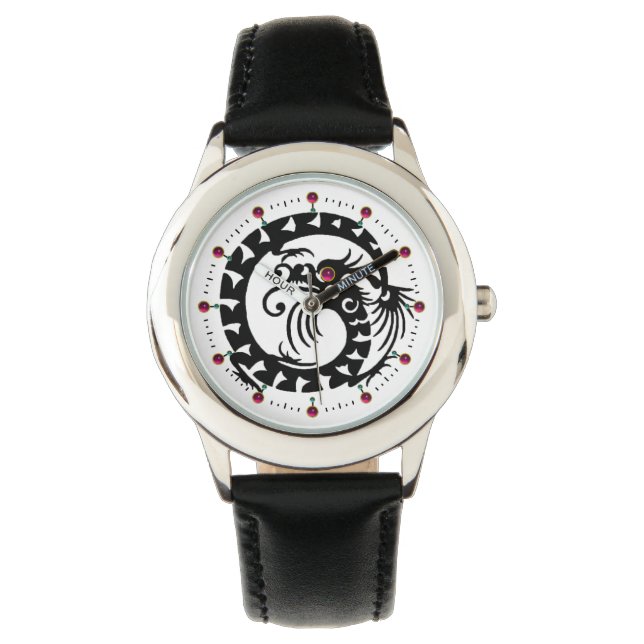 BLACK SNAKE DRAGON,White ,Red Ruby Gemstones Watch (Front)