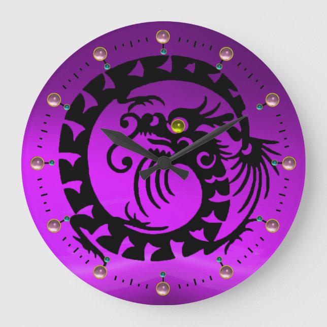 BLACK SNAKE DRAGON WITH PURPLE PINK GEMSTONES LARGE CLOCK (Front)