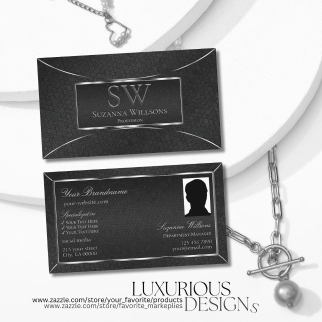 Black Snake Silver Decor with Monogram and Photo Business Card (Creator Uploaded)