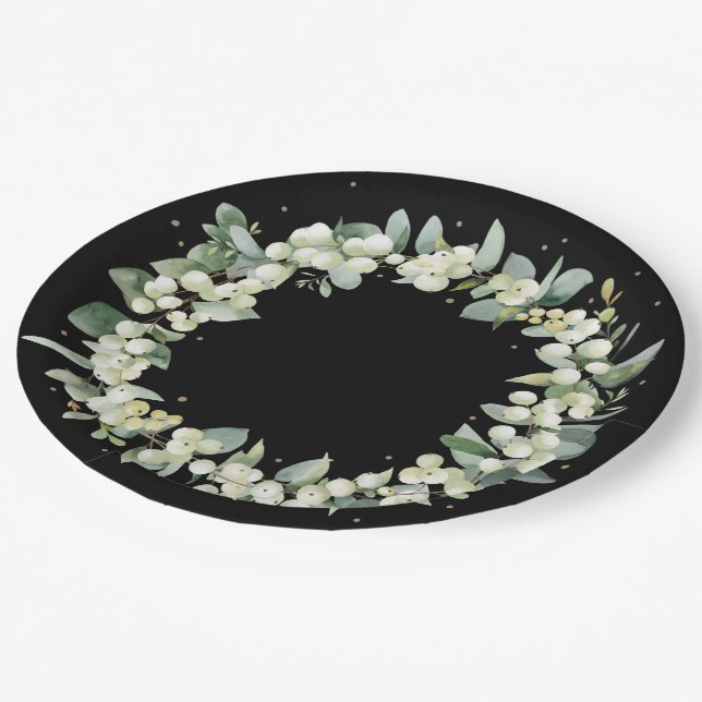 Black Snowberry Christmas Wreath Holiday Party Paper Plate (Angled)