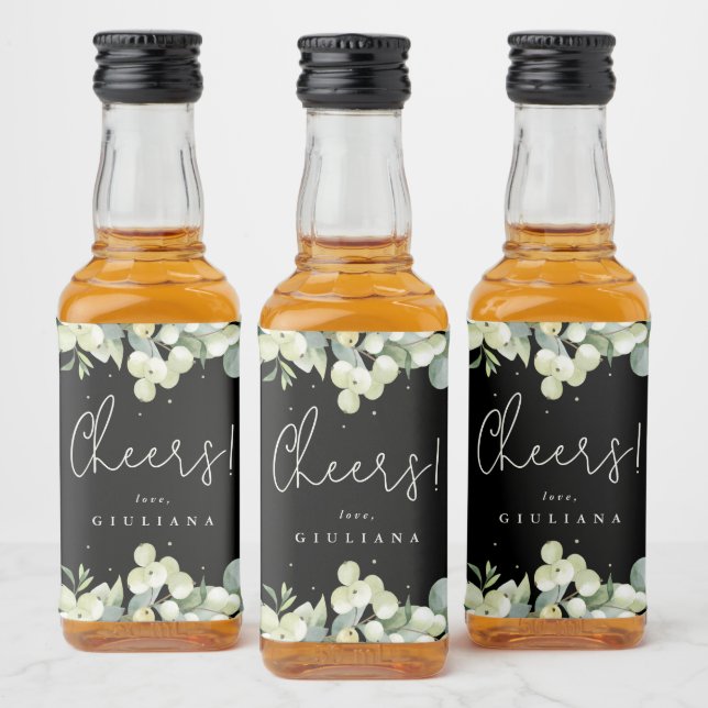 Black Snowberry+Eucalyptus Bachelorette Party Mini Liquor Bottle Label (Bottles)