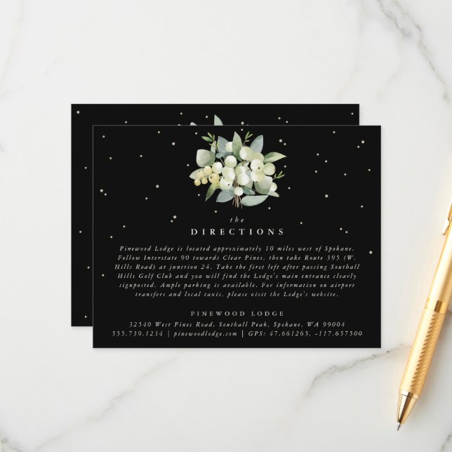 Black Snowberry+Eucalyptus Bouquet Directions Enclosure Card (Front/Back In Situ)