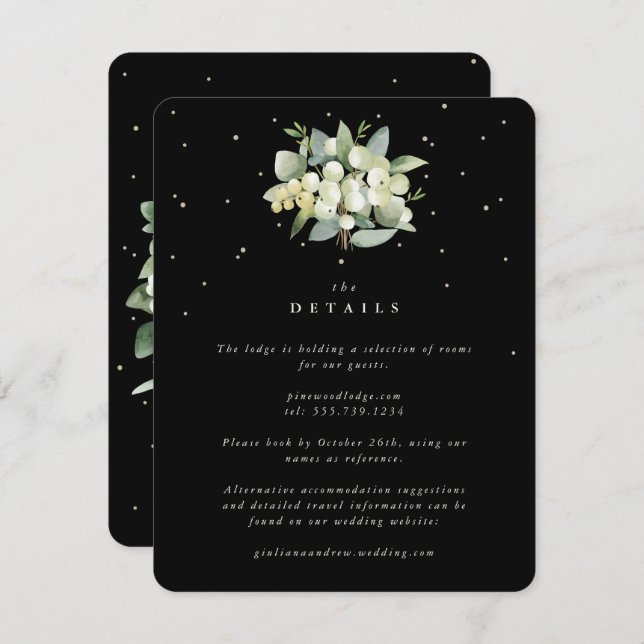Black Snowberry+Eucalyptus Bouquet Wedding Details Enclosure Card (Front/Back)