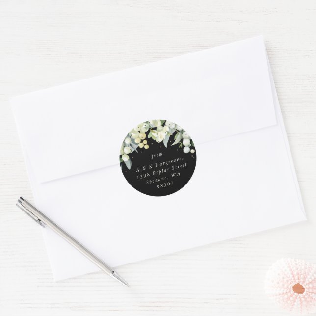 Black Snowberry+Eucalyptus Christmas Address Classic Round Sticker (Envelope)