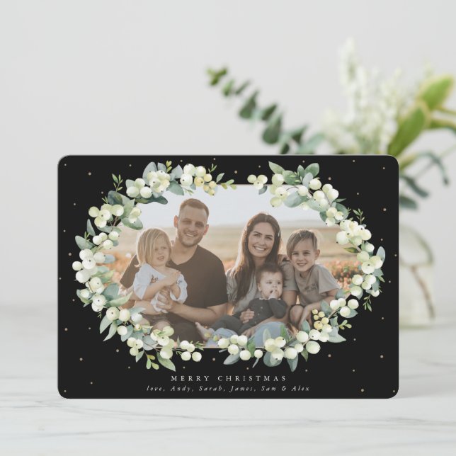 Black Snowberry + Eucalyptus Christmas Photo Holiday Card (Standing Front)