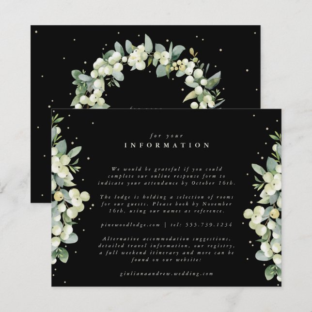 Black Snowberry+Eucalyptus Edged Wedding Info Enclosure Card (Front/Back)