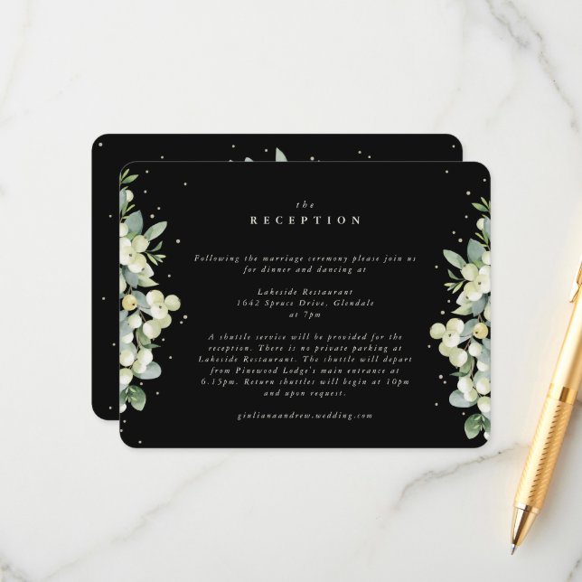 Black Snowberry+Eucalyptus Edged Wedding Reception Enclosure Card (Front/Back In Situ)