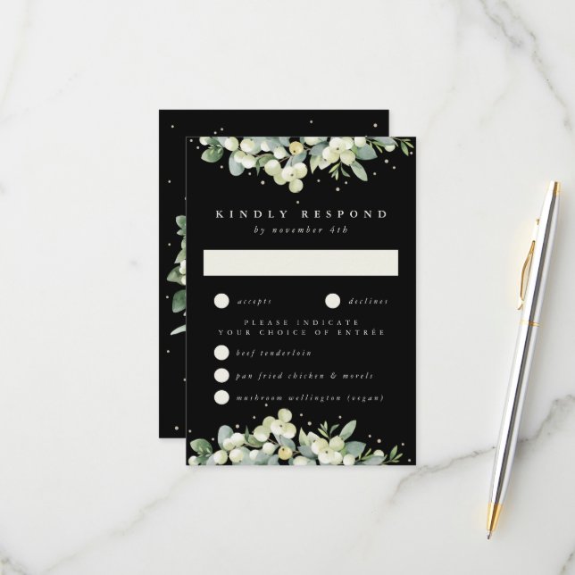 Black Snowberry+Eucalyptus Edged Wedding RSVP Card (Front/Back In Situ)