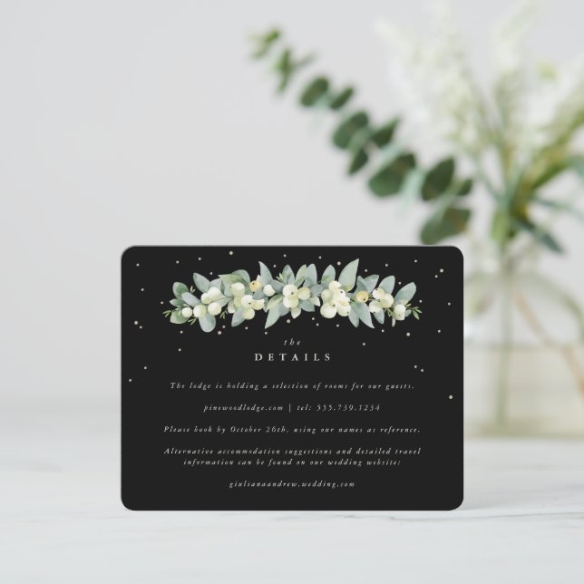 Black Snowberry+Eucalyptus Garland Wedding Details Enclosure Card (Standing Front)