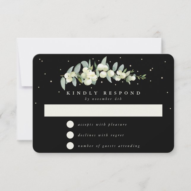 Black Snowberry+Eucalyptus Garland Wedding RSVP Card (Front)