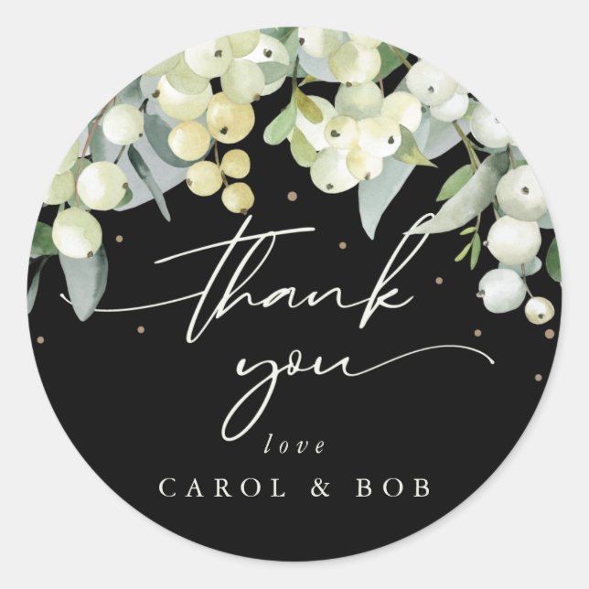 Black Snowberry+Eucalyptus Holiday Thank You Classic Round Sticker (Front)