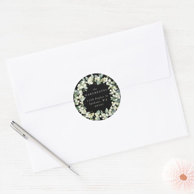Black Snowberry+Eucalyptus Holiday Wreath Address Classic Round Sticker (Envelope)
