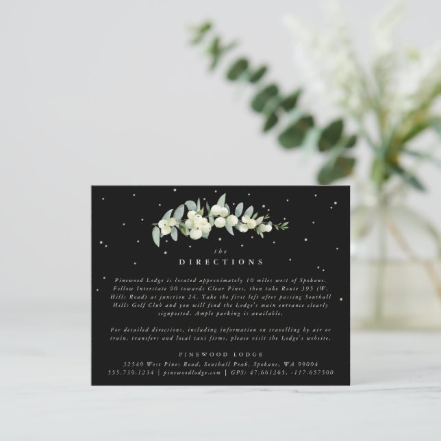 Black Snowberry+Eucalyptus Stem Wedding Directions Enclosure Card (Standing Front)
