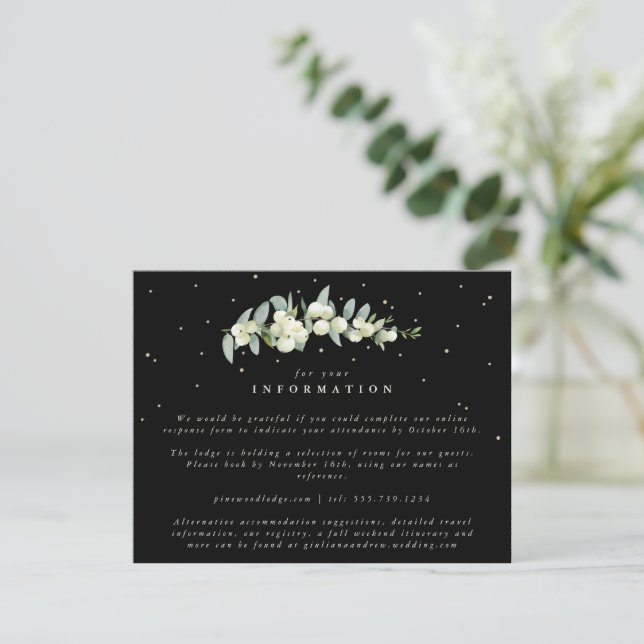 Black Snowberry+Eucalyptus Stem Wedding Info Enclosure Card (Standing Front)