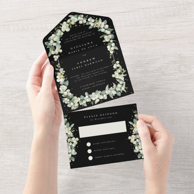 Black Snowberry+Eucalyptus Wedding Reception Only All In One Invitation (Tearaway)