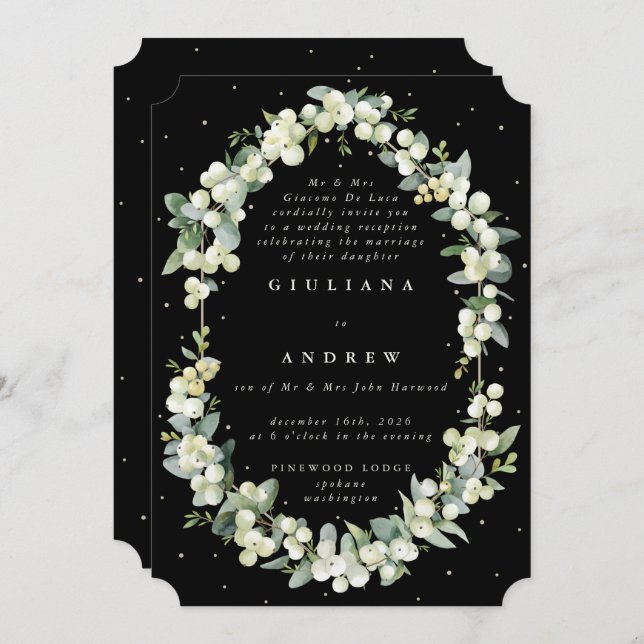 Black Snowberry+Eucalyptus Wedding Reception Only Invitation (Front/Back)