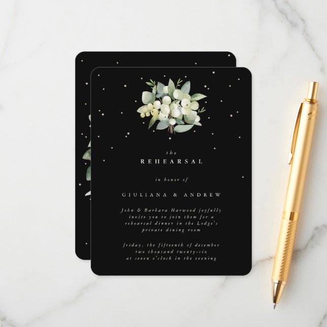 Black Snowberry+Eucalyptus Wedding Rehearsal Enclosure Card (Front/Back In Situ)