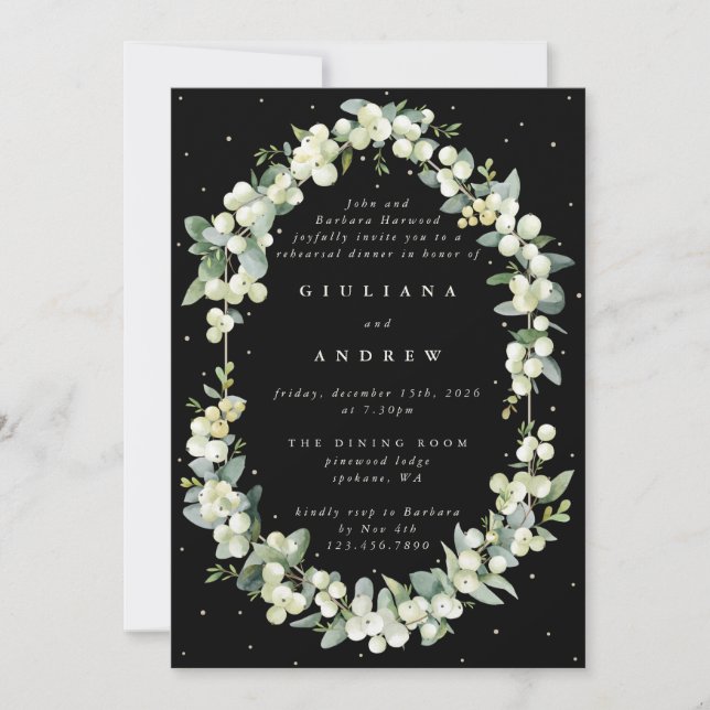 Black Snowberry+Eucalyptus Wedding Rehearsal Invitation (Front)