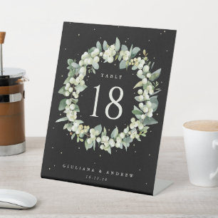 Black Snowberry + Eucalyptus Wedding Table Number Pedestal Sign