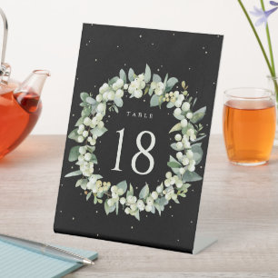 Black Snowberry + Eucalyptus Wedding Table Number Pedestal Sign