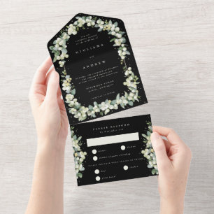 Black Snowberry+Eucalyptus Winter Wedding All In One Invitation
