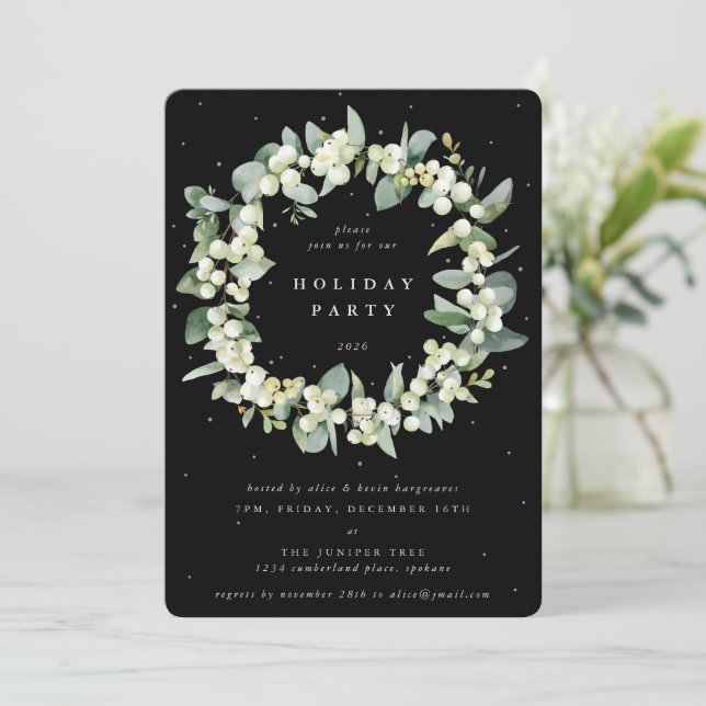 Black Snowberry+Eucalyptus Wreath Holiday Party Invitation (Standing Front)