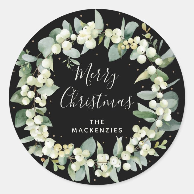 Black Snowberry+Eucalyptus Wreath Merry Christmas Classic Round Sticker (Front)