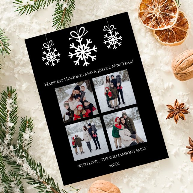 Black Snowflake Ornaments Photo Collage Holiday Card (Black Snowflake Ornaments Photo Collage Holiday Card)
