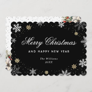 Black Snowflake Watercolor Botanical  Holiday Card