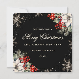 Black Snowflakes Botanical Christmas New Year Card