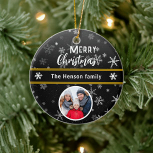 Black Snowflakes Merry Christmas Family Photo Ceramic Tree Decoration