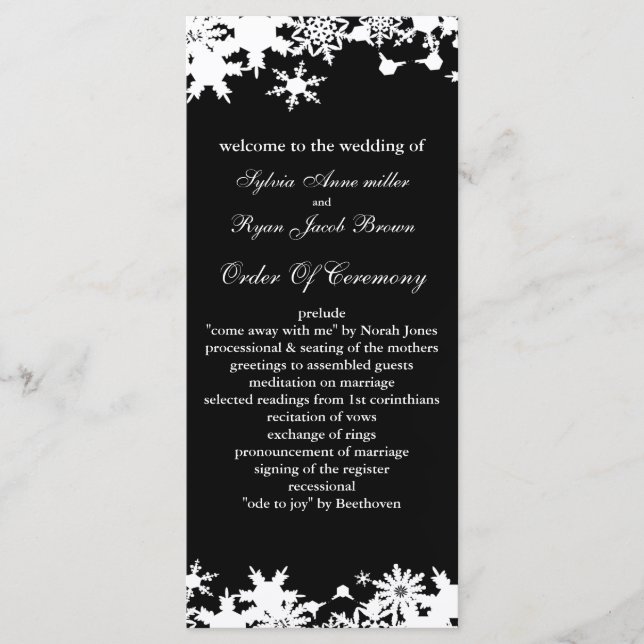 Black snowflakes winter wedding programme (Front)