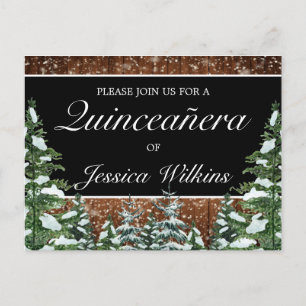 Black Snowy Forest Quinceañera Invitation Postcard