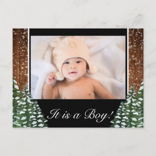 Black Snowy Wood & Forest Baby Boy Birth Photo Announcement Postcard
