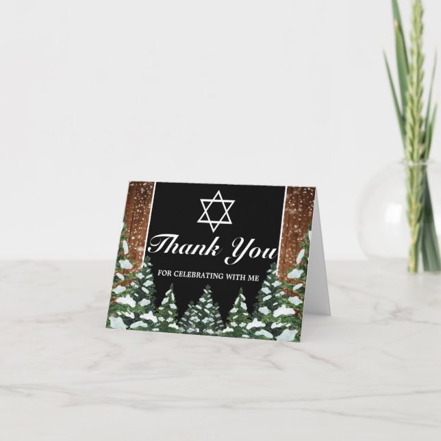 Black Snowy Wood Forest Bar Bat Mitzvah Thank You Card (Front)