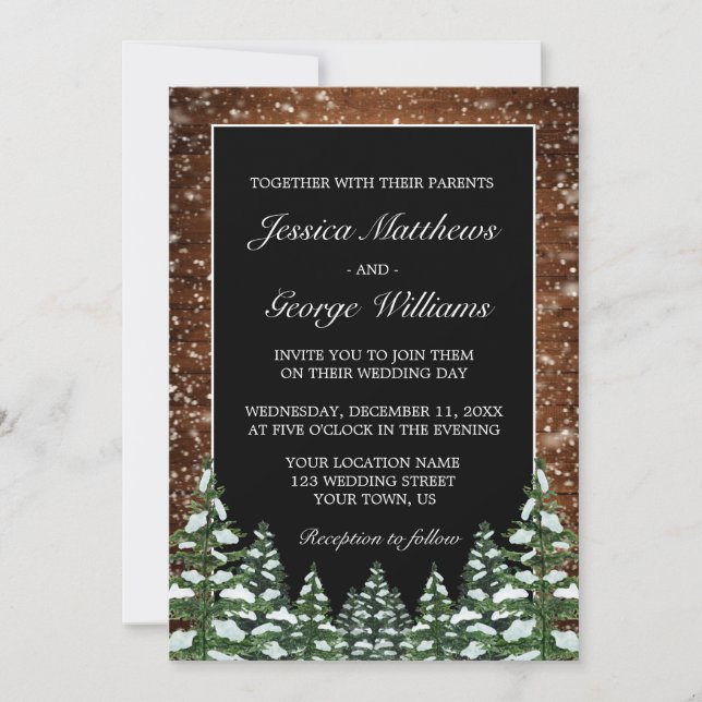 Black Snowy Wood & Forest Country Pine Wedding Invitation (Front)
