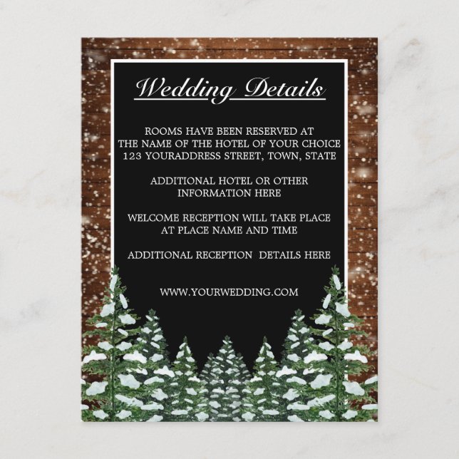 Black Snowy Wood & Forest Country Wedding Details Enclosure Card (Front)