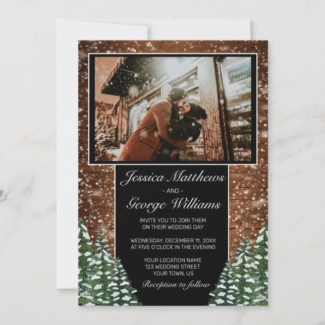 Black Snowy Wood & Forest Country Wedding Photo Invitation (Front)