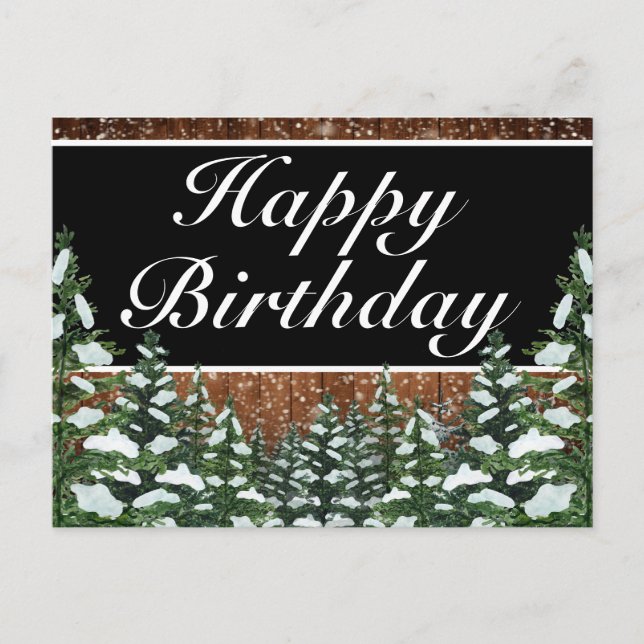Black Snowy Wood Forest Happy Birthday Greeting Announcement Postcard (Front)