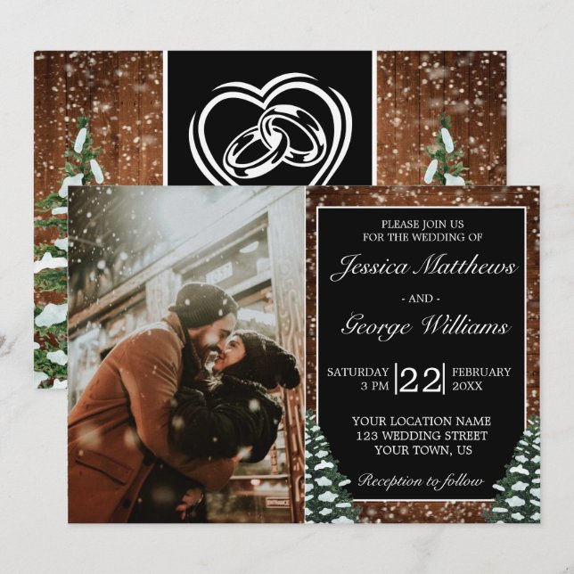 Black Snowy Wood & Forest Photo Invitation (Front/Back)