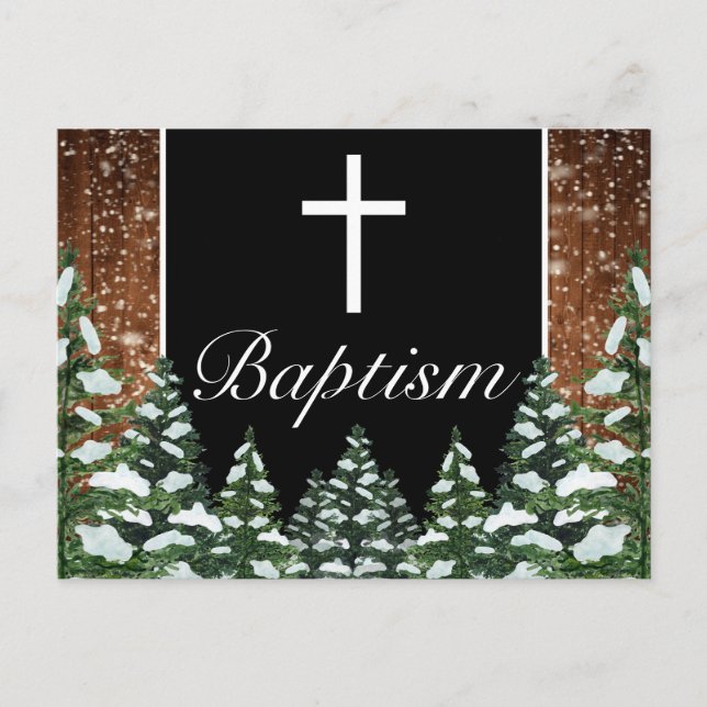 Black Snowy Wood & Forest Pine Baby Baptism Announcement Postcard (Front)