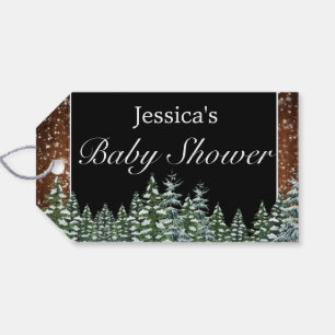 Black Snowy Wood & Forest Pine Baby Shower Gift Tags