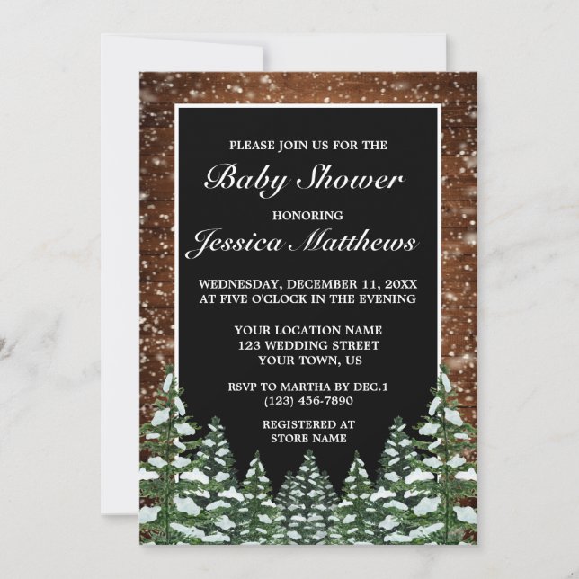 Black Snowy Wood & Forest Pine Baby Shower Invitation (Front)