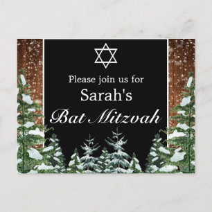 Black Snowy Wood & Forest Pine Bar Bat Mitzvah Announcement Postcard