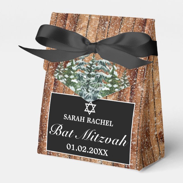 Black Snowy Wood & Forest Pine Bar Bat Mitzvah Favour Box (Front Side)