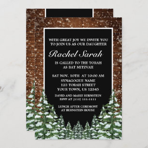 Black Snowy Wood & Forest Pine Bar Bat Mitzvah Invitation